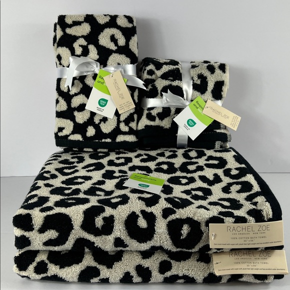 Rachel Zoe Other - Rachel Zoe Black and Cream Leopard Towel Set Bath Hand Wash Cotton Set of 8 NEW